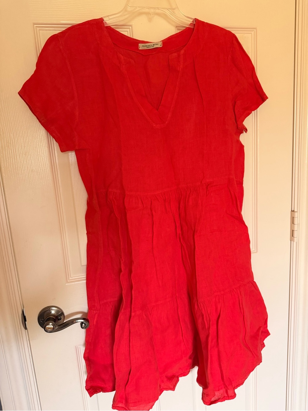 Italian Linen V-Neck Red Tiered Mini Dress